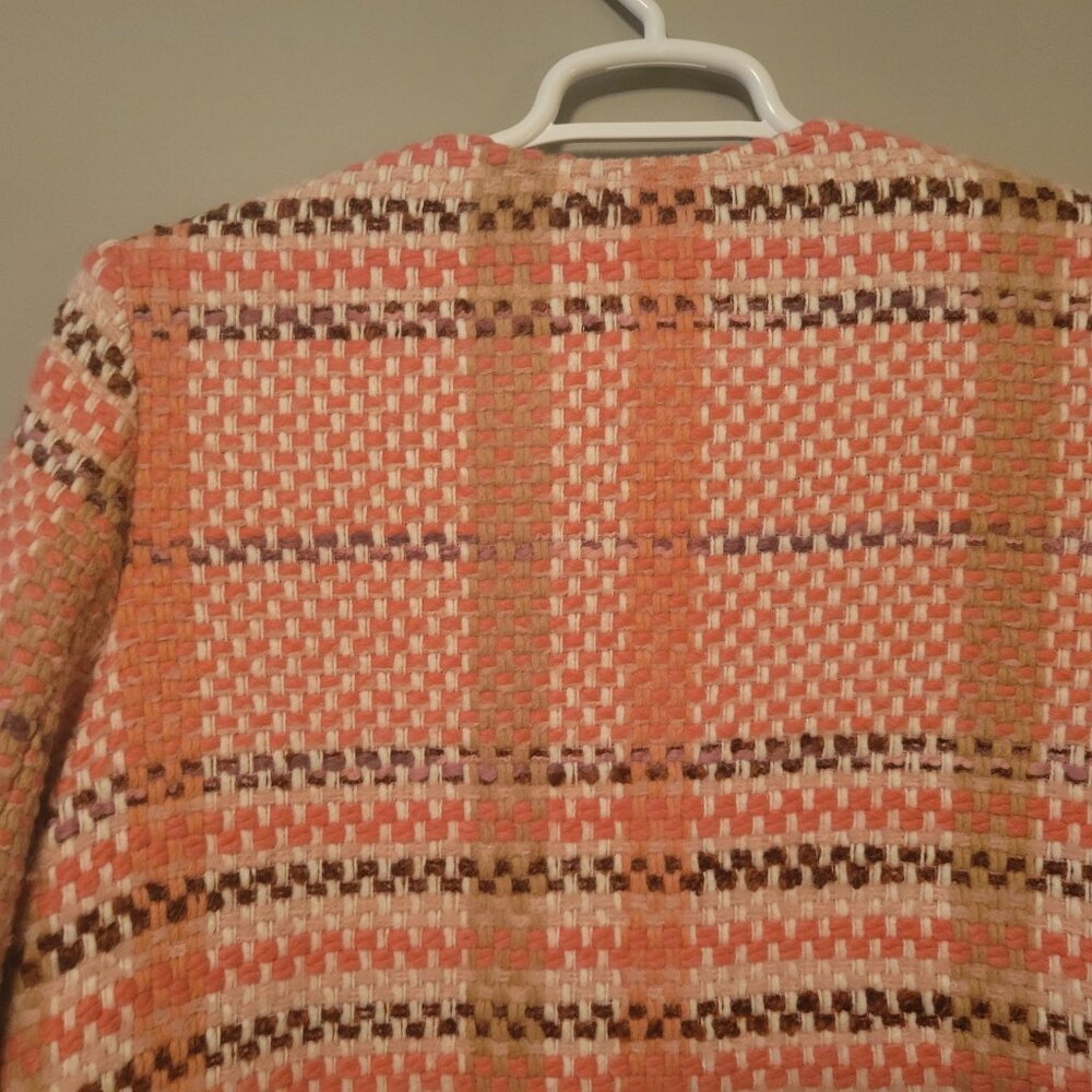 Vilagallo Plaid Multicolored Textured Woven Fringe Trim Open Jacket Cardigan - Picture 5 of 8